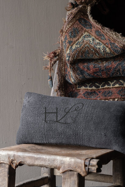 Unique vintage hemp cushion, anthracite lumbar cushion