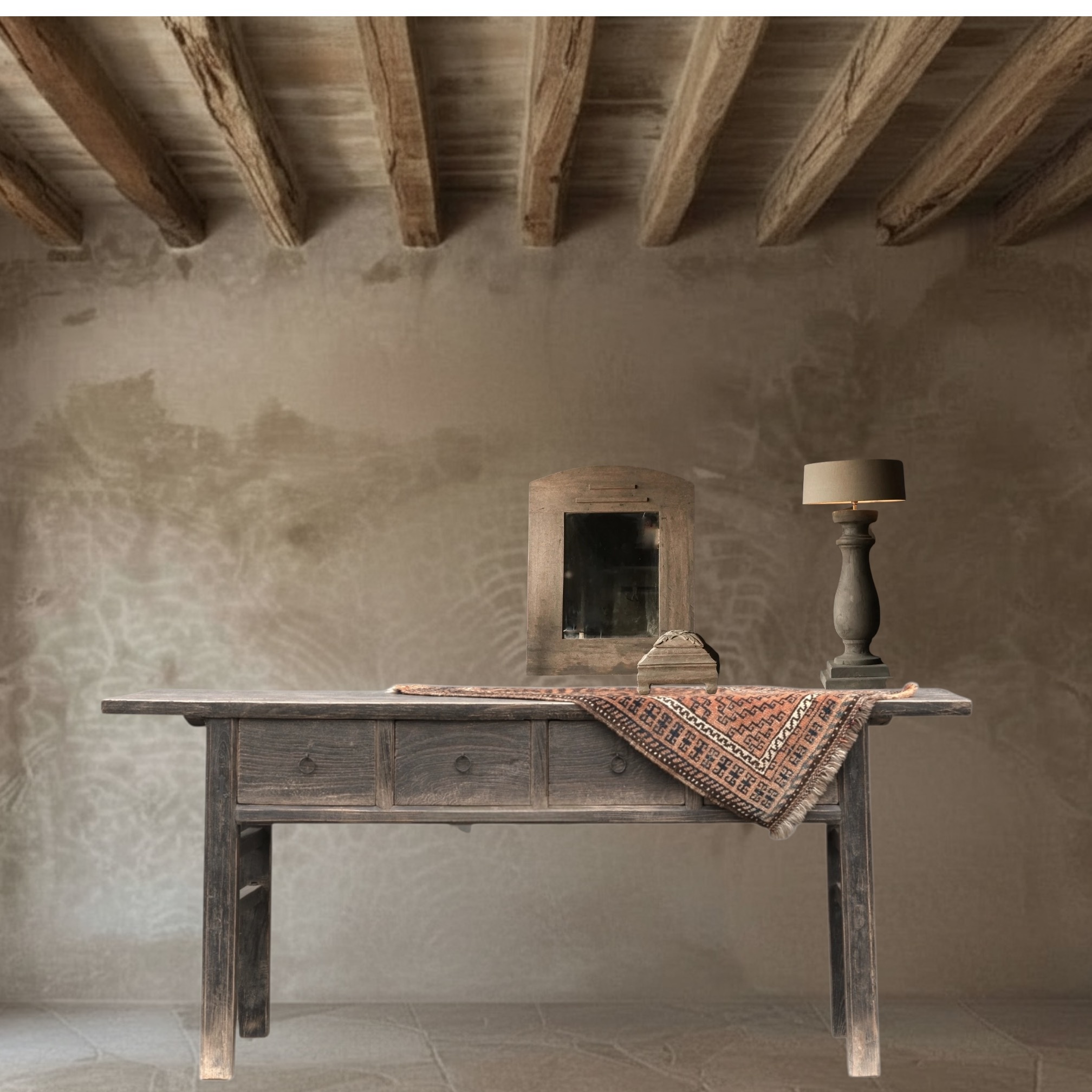 Oud Antiek Uniek Wabi Sabi Houten doorleefde Sidetable / Muurtafel-1