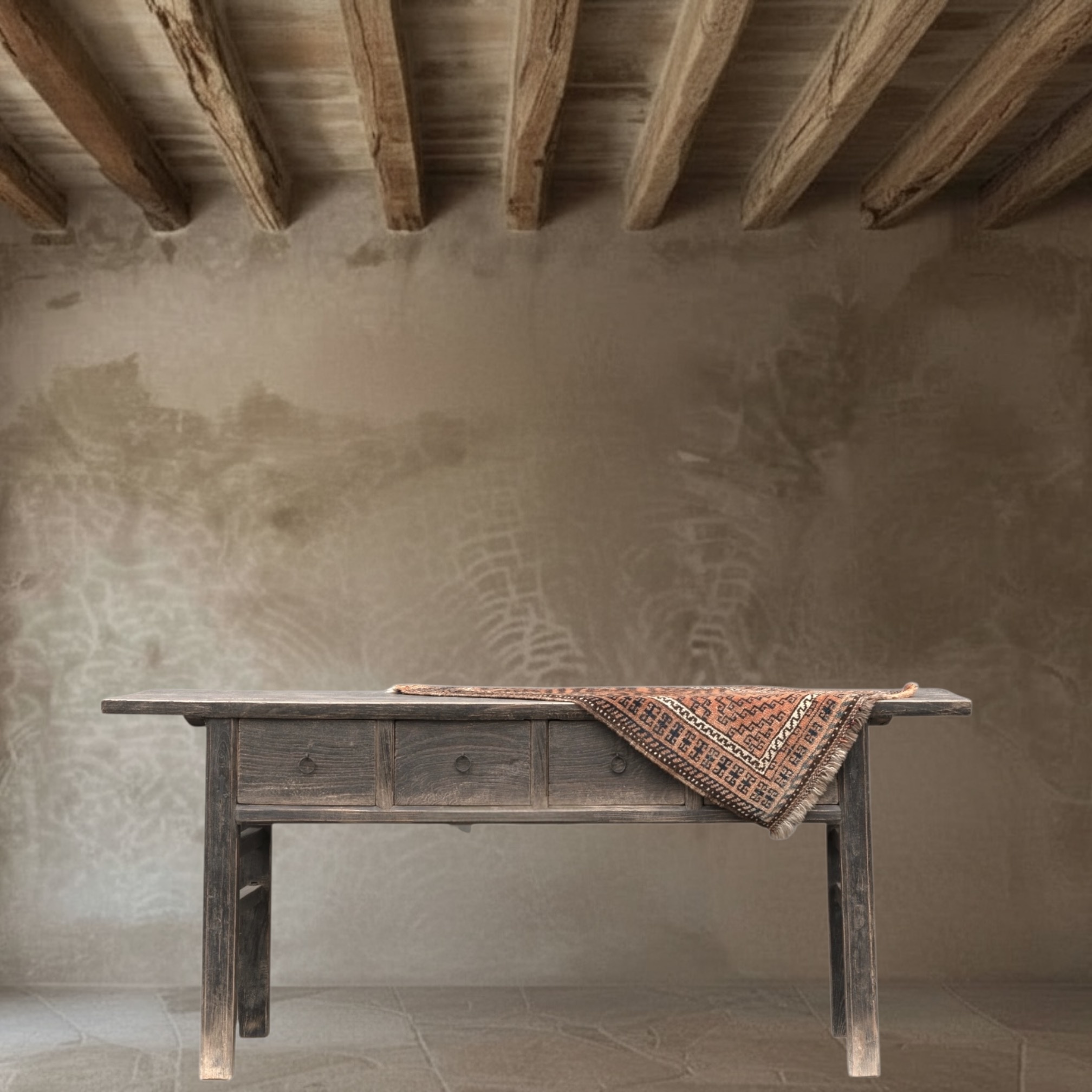 Oud Antiek Uniek Wabi Sabi Houten doorleefde Sidetable / Muurtafel-2