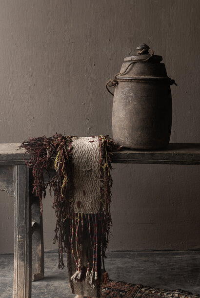 Original old wooden Nepalese jug / pot with rope – simple wabi-sabi decoration