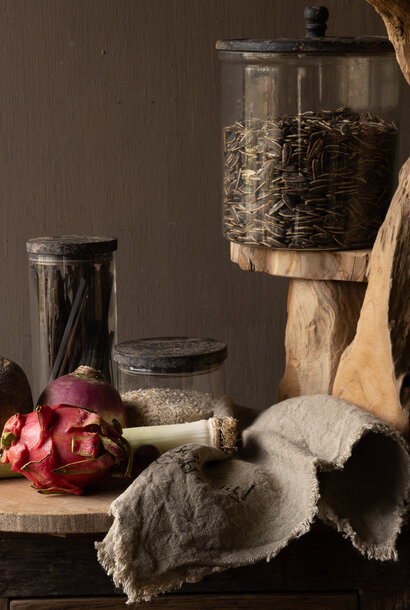 Glass storage jar with wooden lid