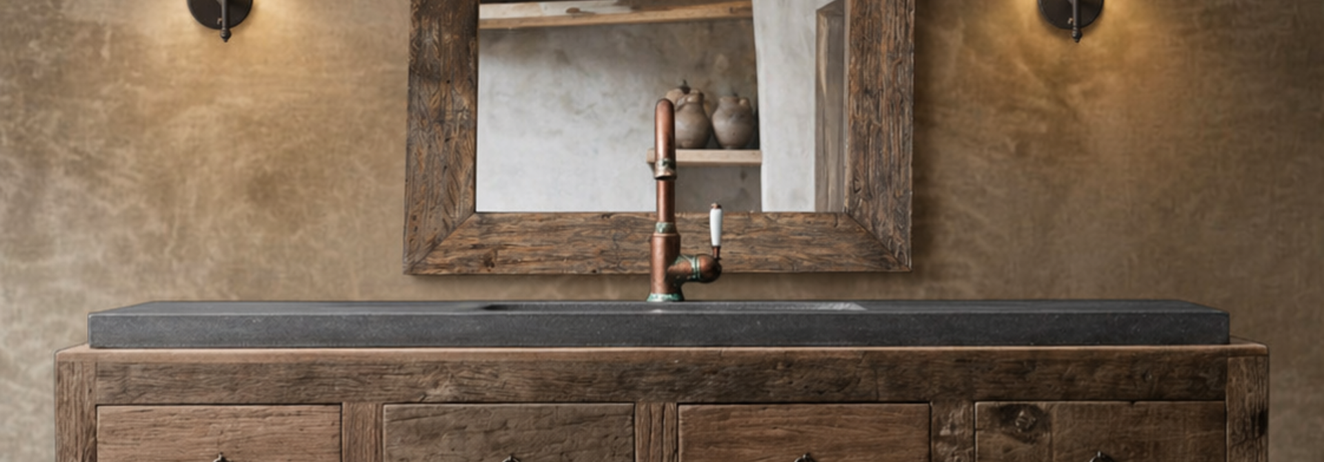 Robuster, stabiler alter Wand-/Beistelltisch aus Holz mit vier Schubladen