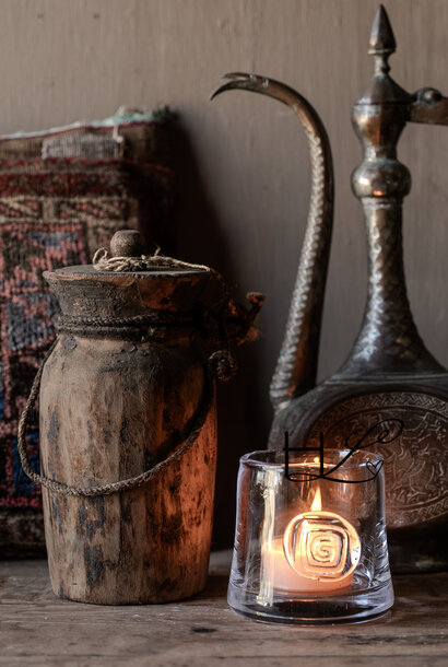 Originele Oude houten Nepalees  Kruikje  /Potje  met deksel