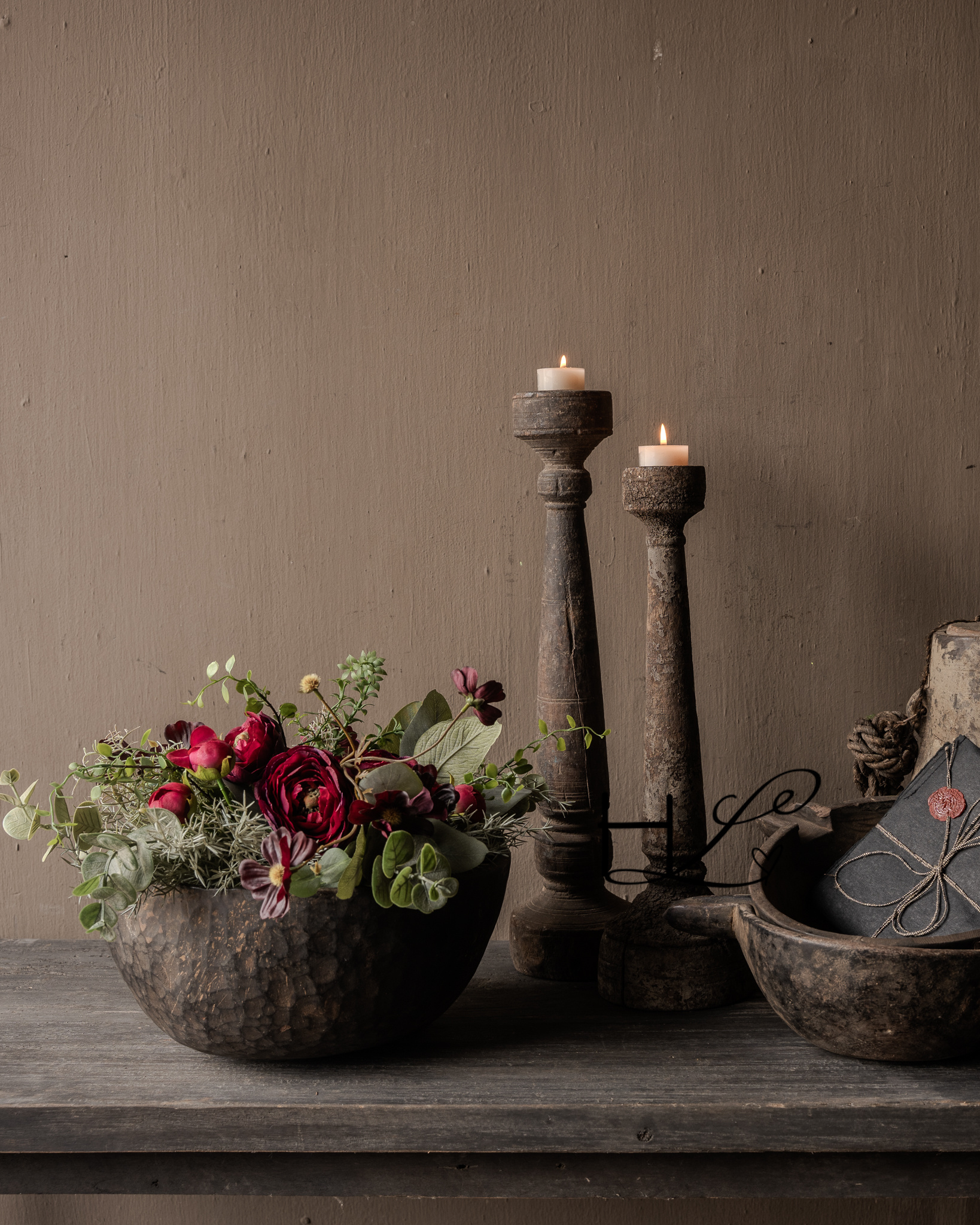 Old wooden Nepalese baluster candlesticks-7
