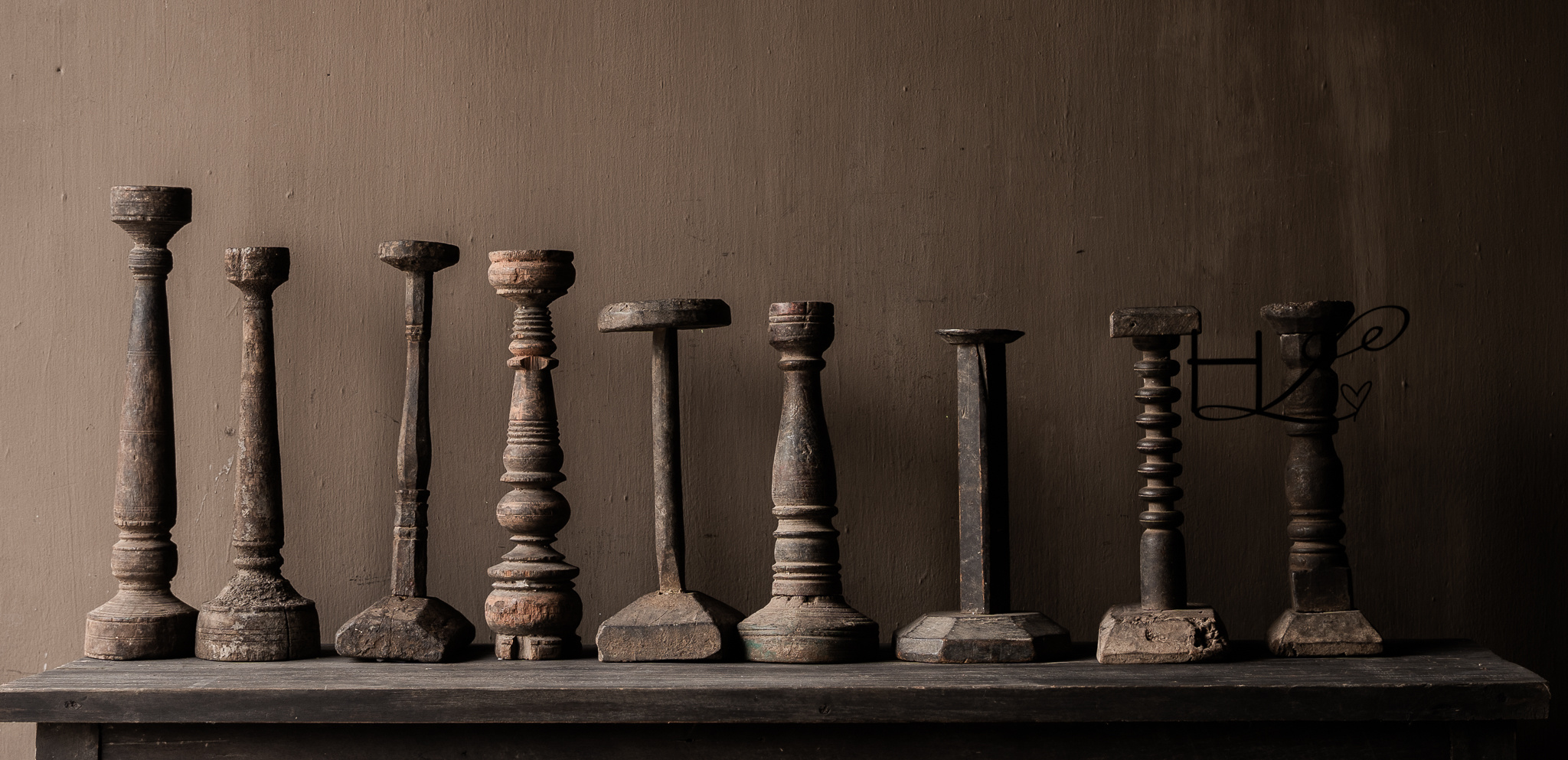 Old wooden Nepalese baluster candlesticks-3
