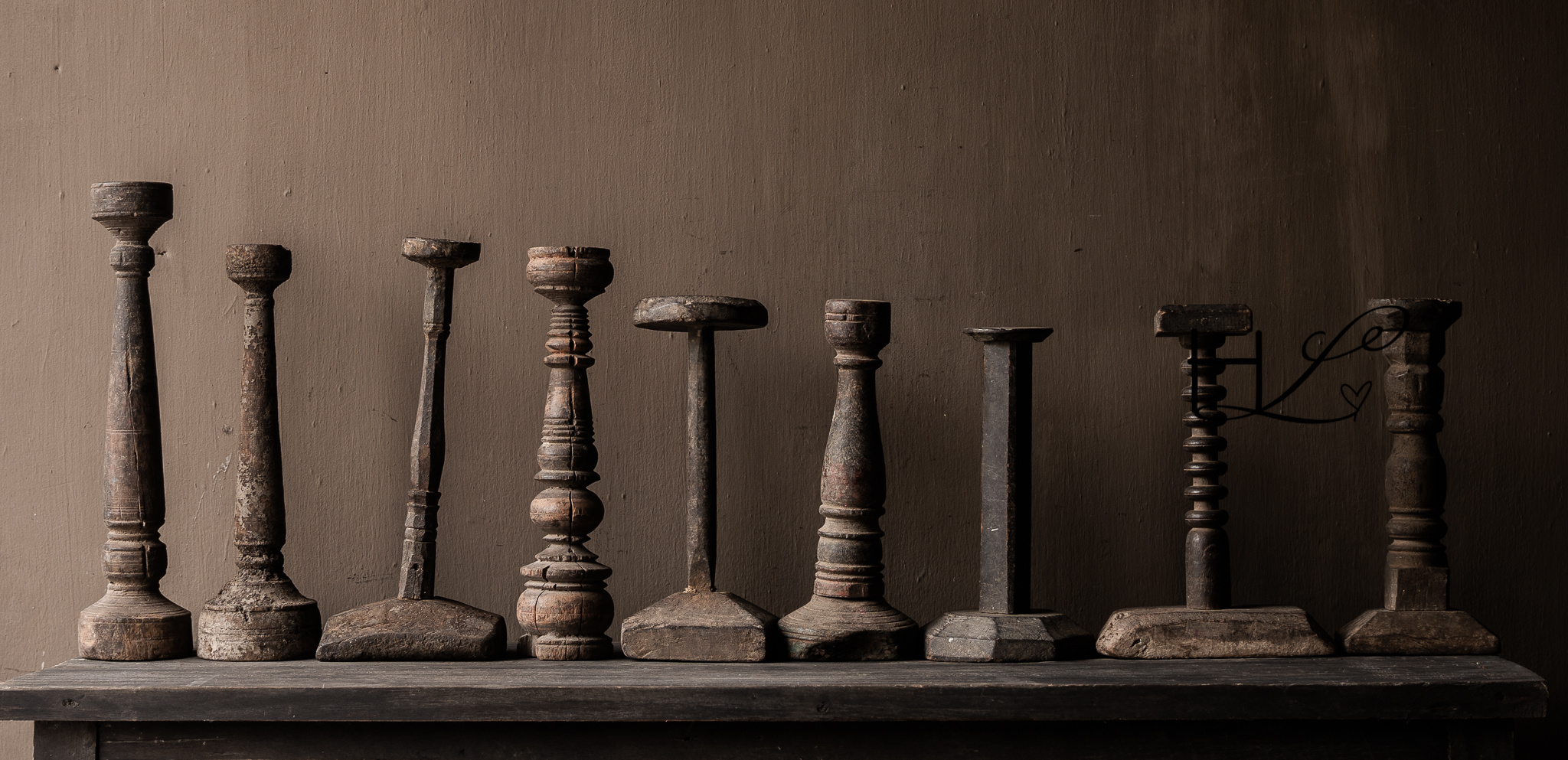 Old wooden Nepalese baluster candlesticks-4