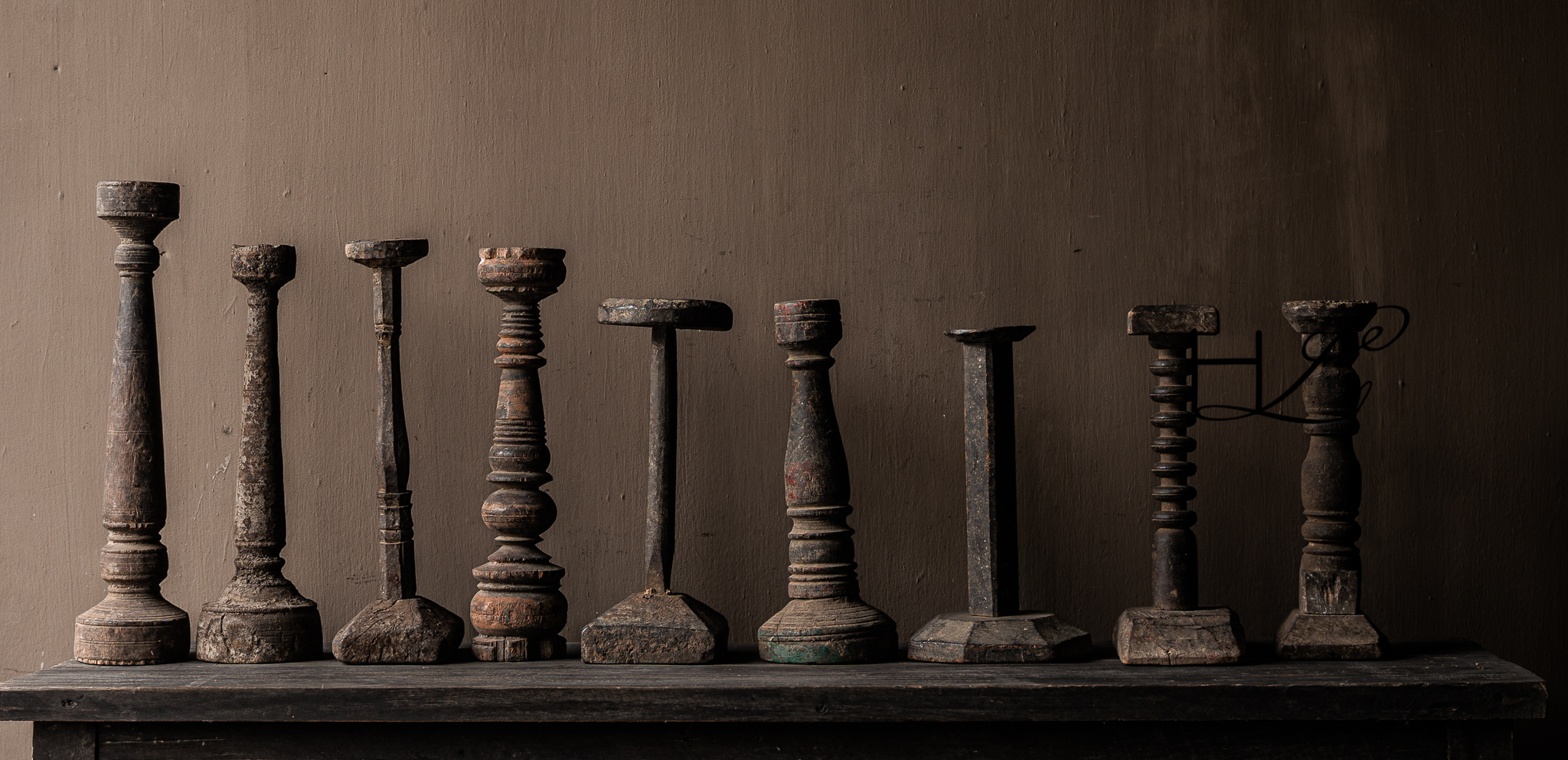 Old wooden Nepalese baluster candlesticks-5