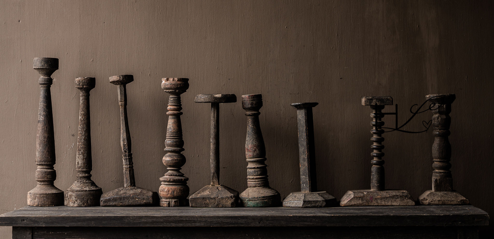 Old wooden Nepalese baluster candlesticks-6