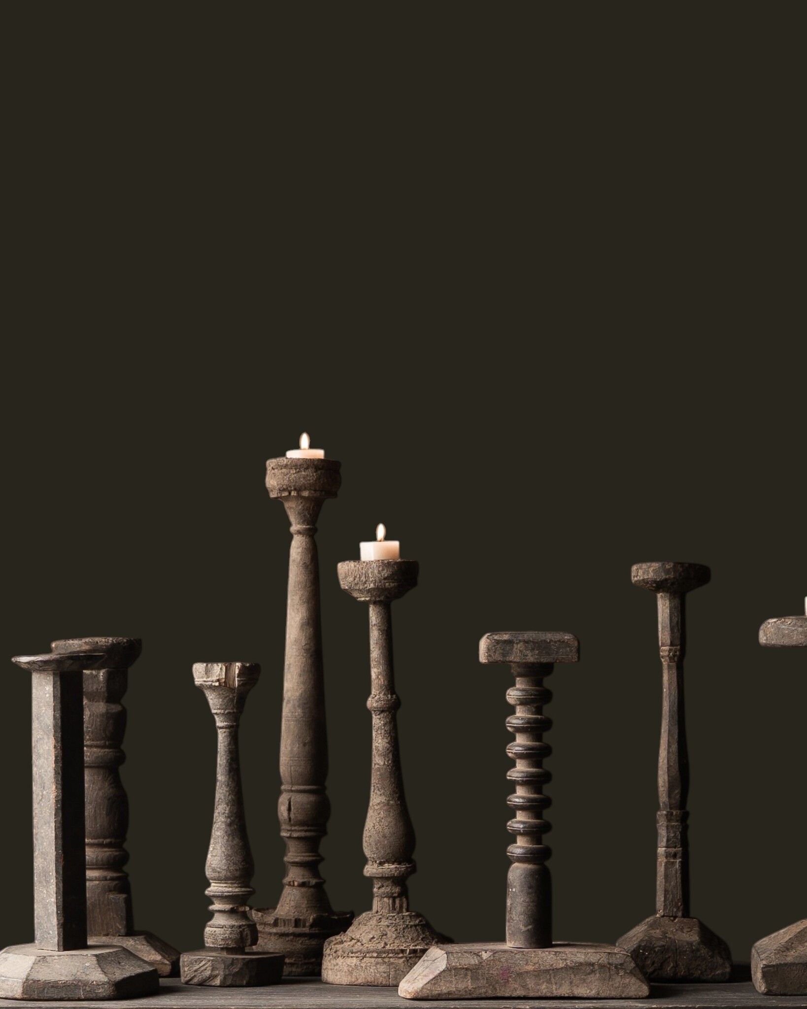 Old wooden Nepalese baluster candlesticks-1
