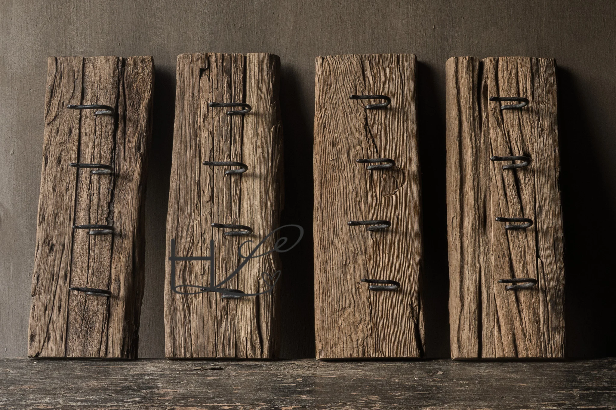 Coat rack made of old railway wood with 4 iron hooks 65cm-1