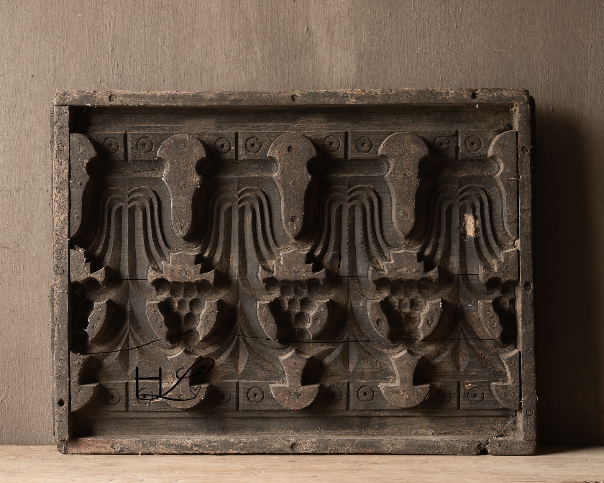 Oude Indiase houten ornamentmal / cementmal-3