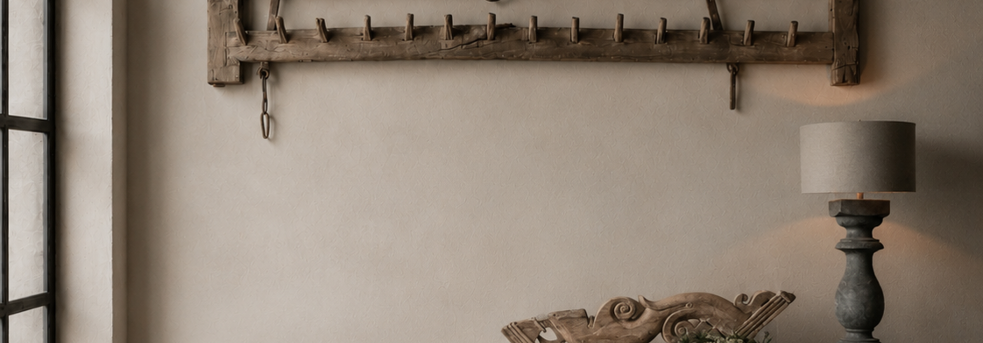 Antique harrow as a unique wall coat rack 190x42cm