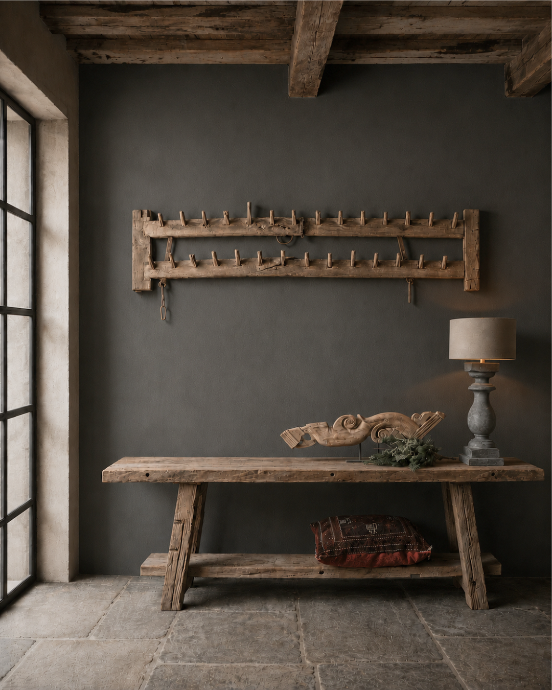 Antique harrow as a unique wall coat rack 190x42cm-2