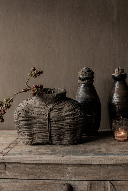 Unique old clay basket / jug