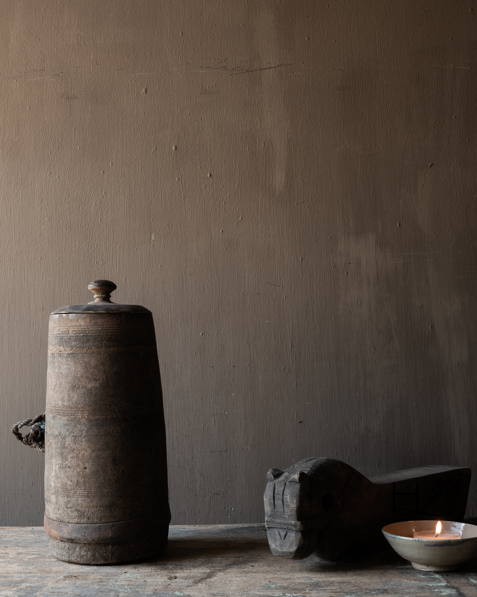 Originele Oude houten Nepalese Kruik met deksel-5