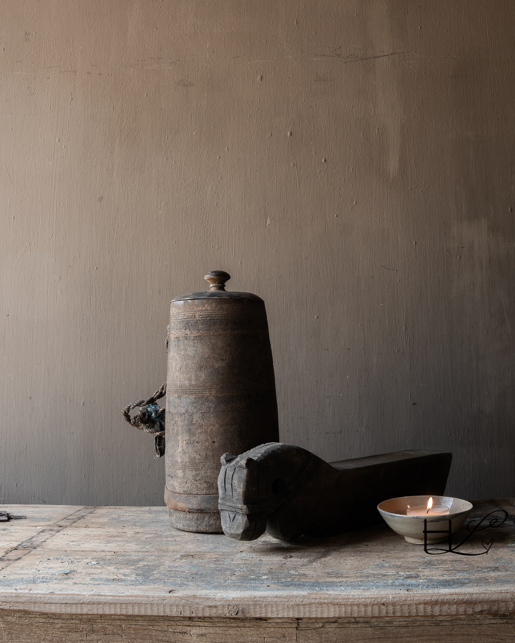 Originele Oude houten Nepalese Kruik met deksel-7