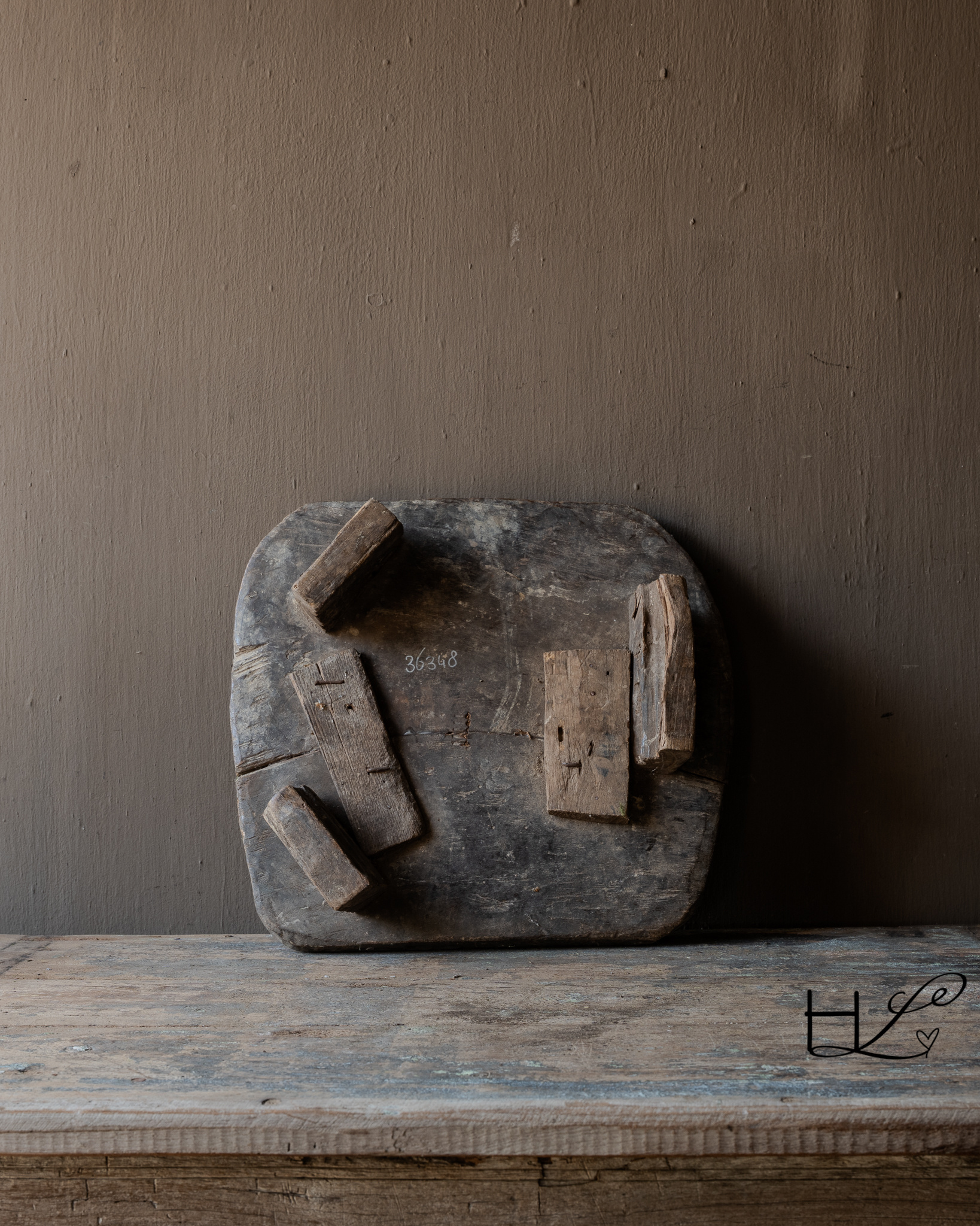Oude houten thee / Bajot tafeltje Oud Houten Laag Werkplateau (India)-7