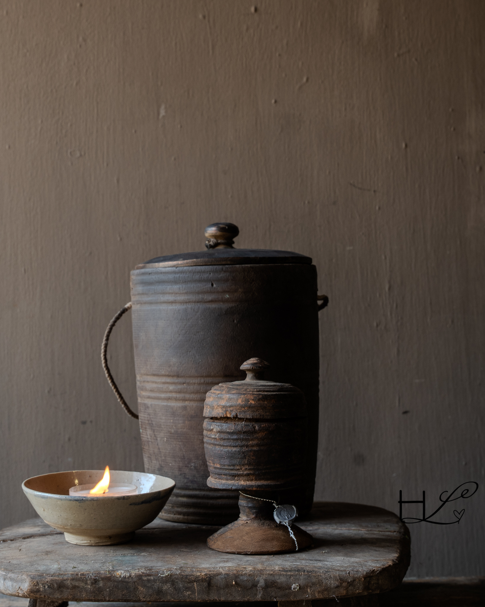 Originele Oude houten Nepalese Kruik met deksel-6