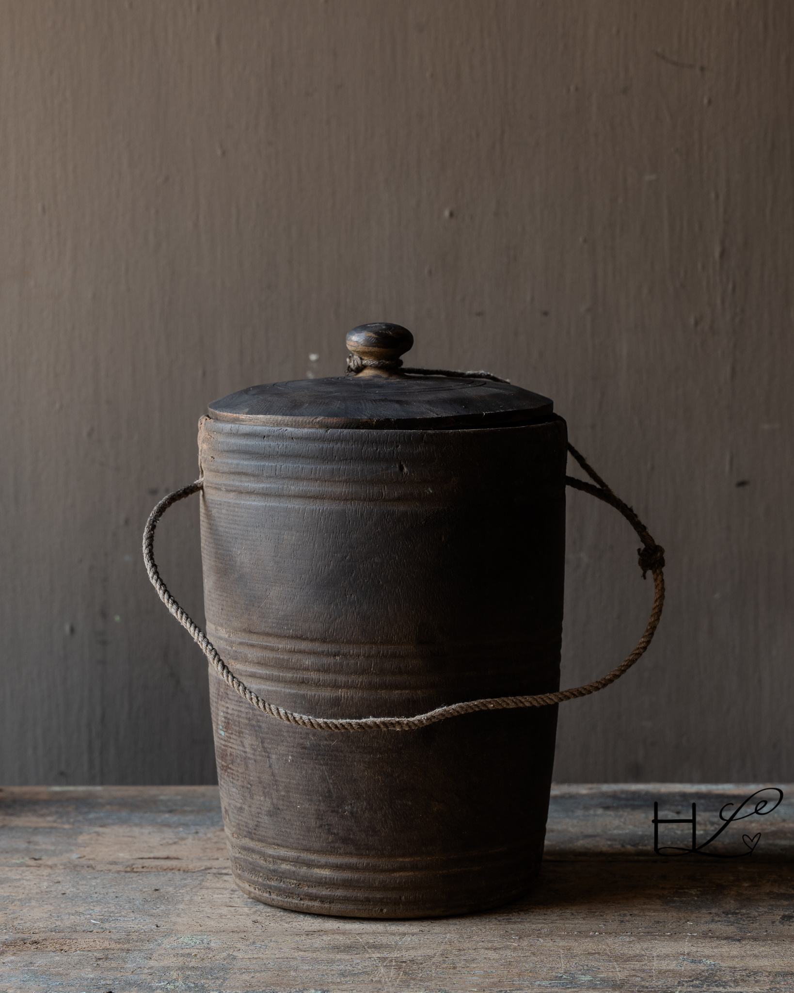 Originele Oude houten Nepalese Kruik met deksel-3