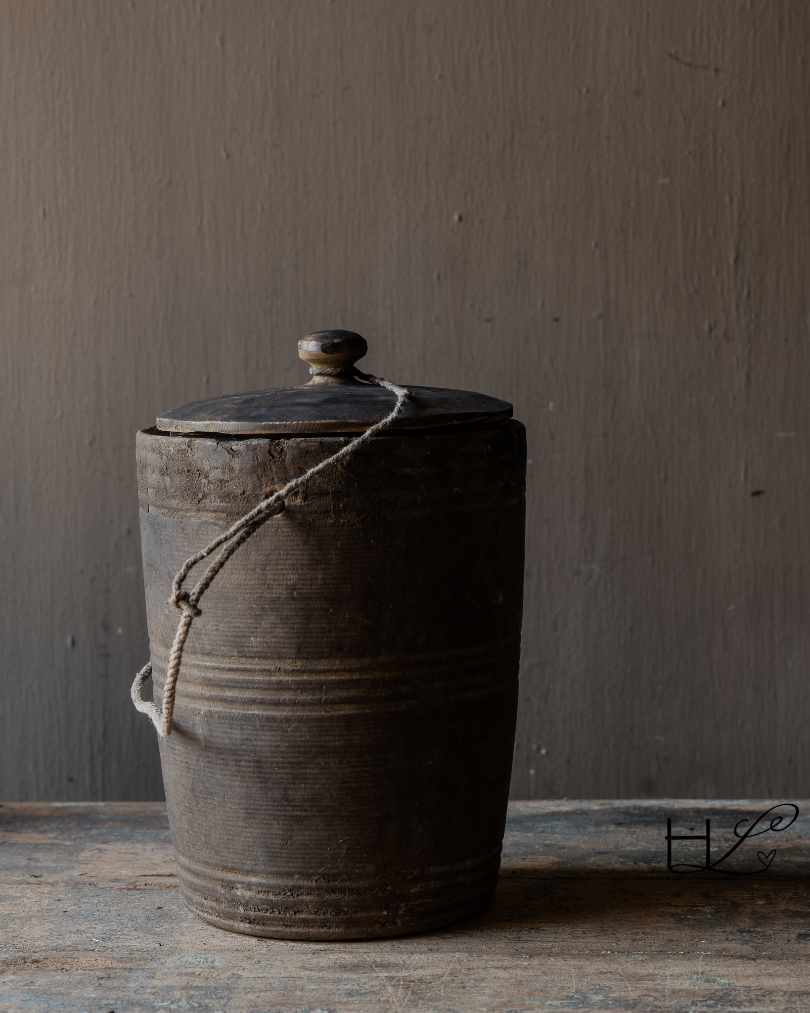 Originele Oude houten Nepalese Kruik met deksel-4