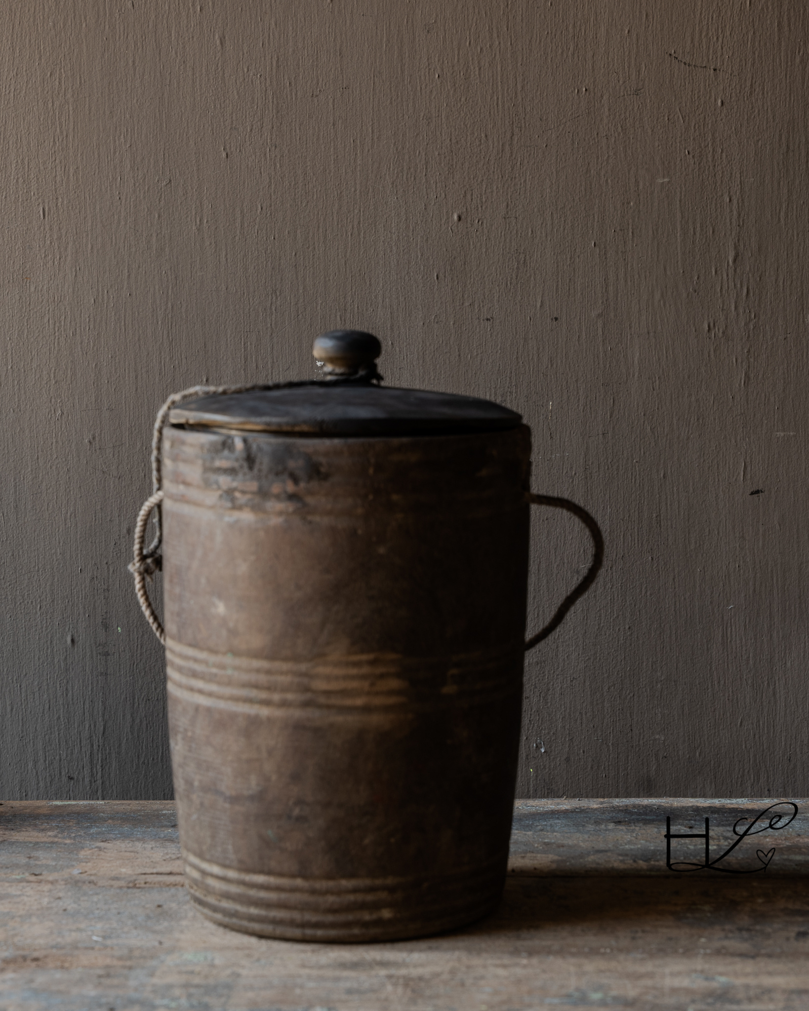Originele Oude houten Nepalese Kruik met deksel-5