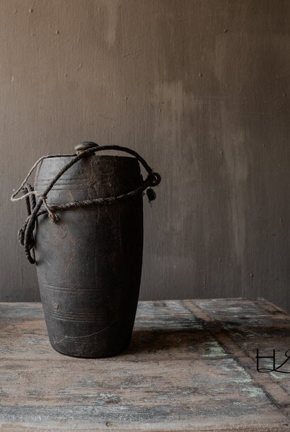 Original Unique Old Wooden Hoffz Nepalese Jug / Pot with Lid