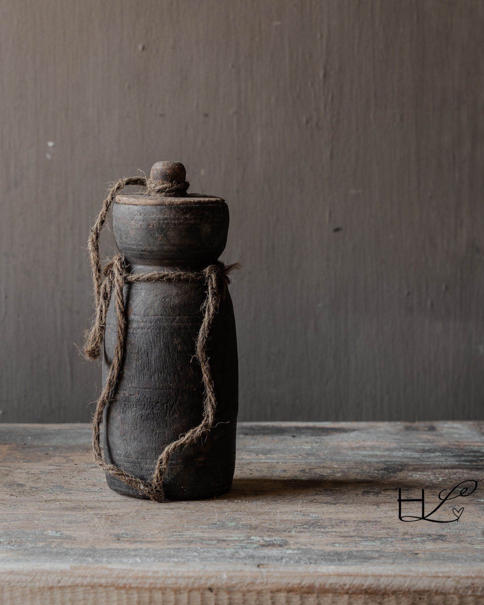 Originele Oude houten Nepalees Kruikje /Potje met deksel-2