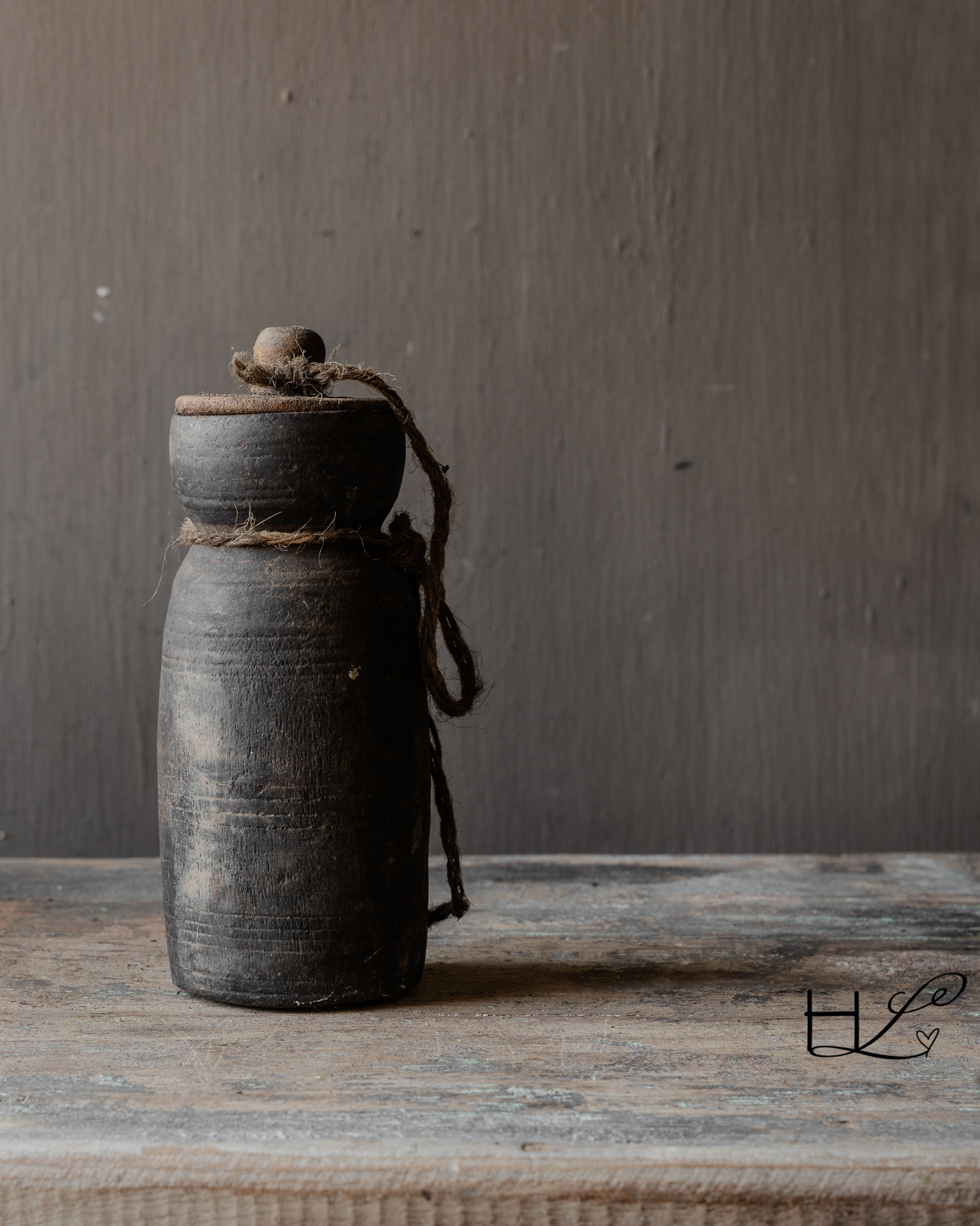 Originele Oude houten Nepalees Kruikje /Potje met deksel-5