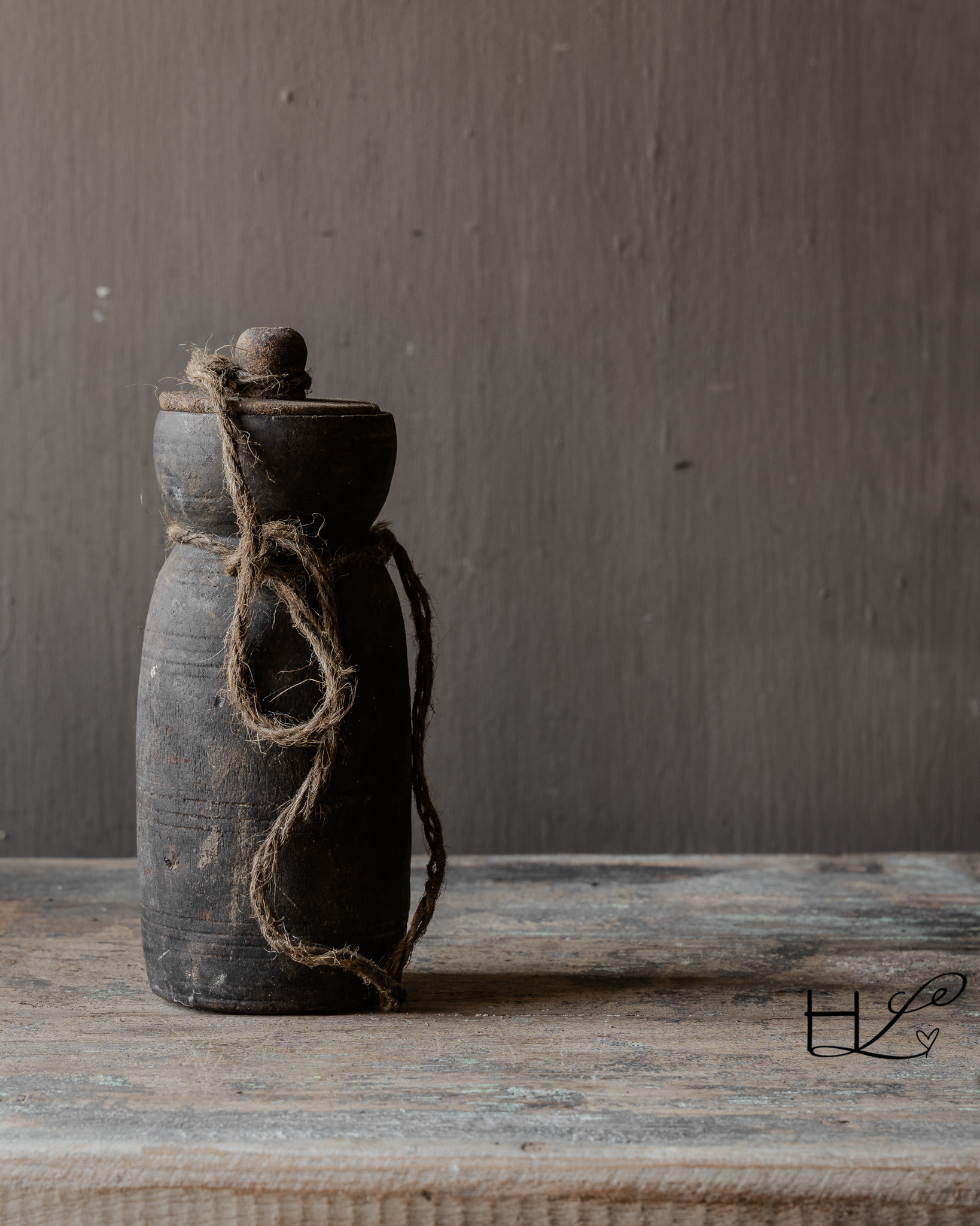 Originele Oude houten Nepalees Kruikje /Potje met deksel-6