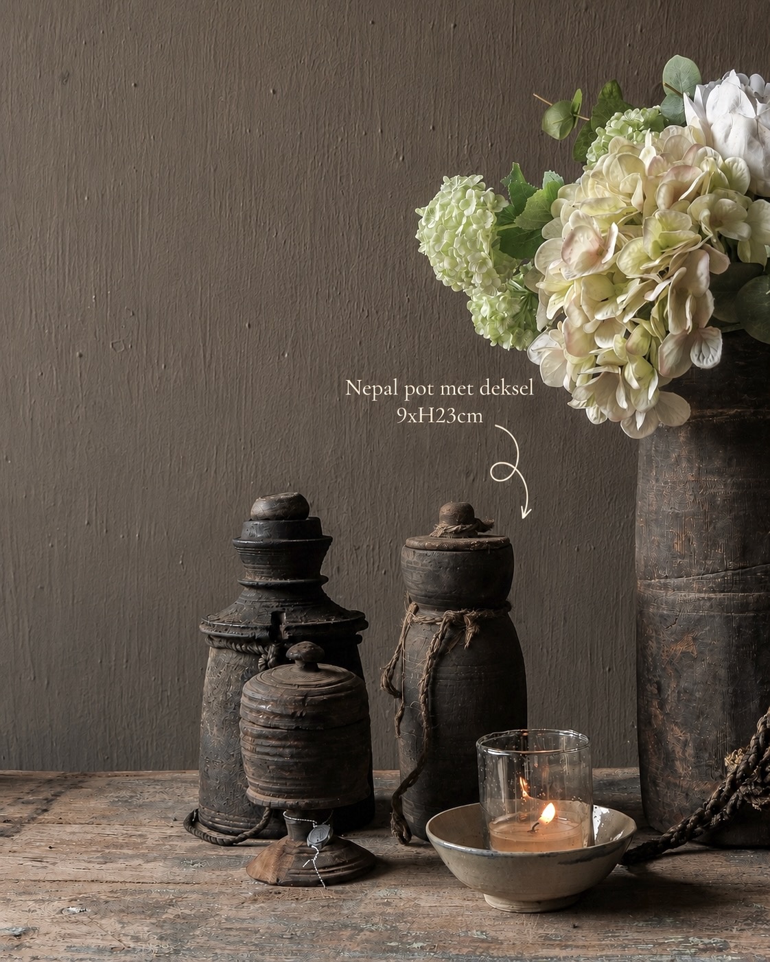 Originele Oude houten Nepalees Kruikje /Potje met deksel-1