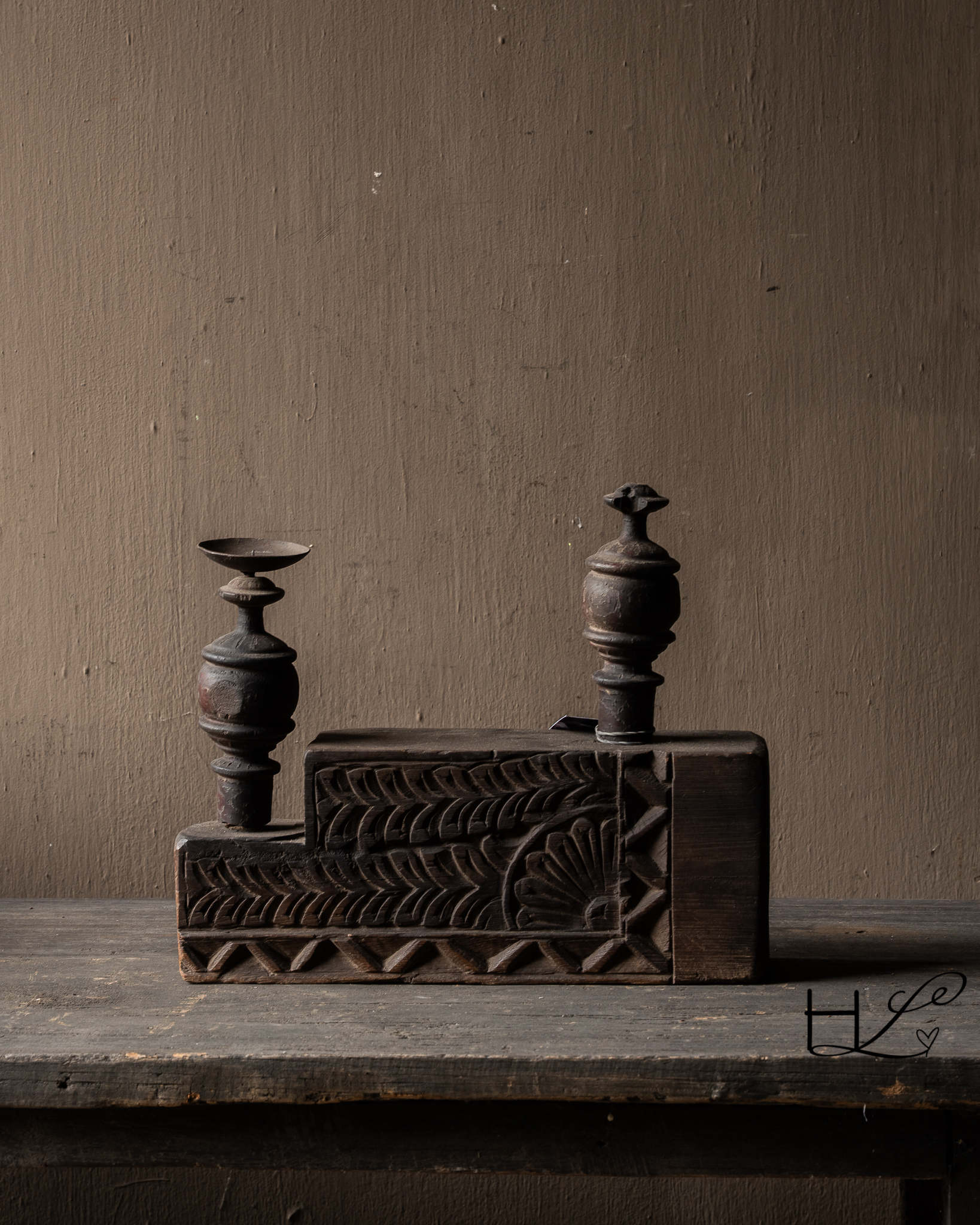 Antiek Houten Ornament Kandelaar | Oud Houten Woonaccessoire | Luksa Home Collection-4