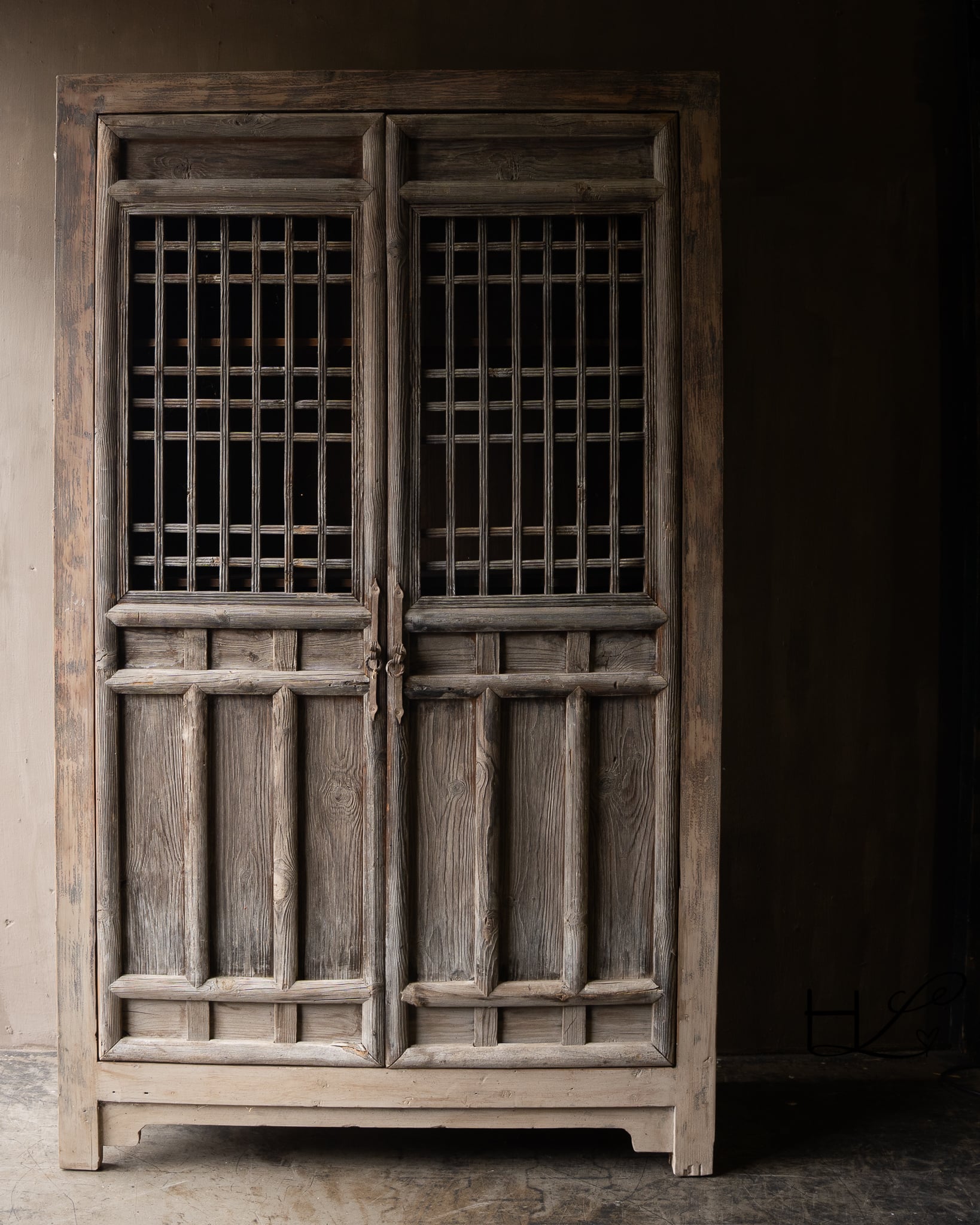 Antique wooden cabinet from India with lattice doors, wabi sabi & rustic.-1