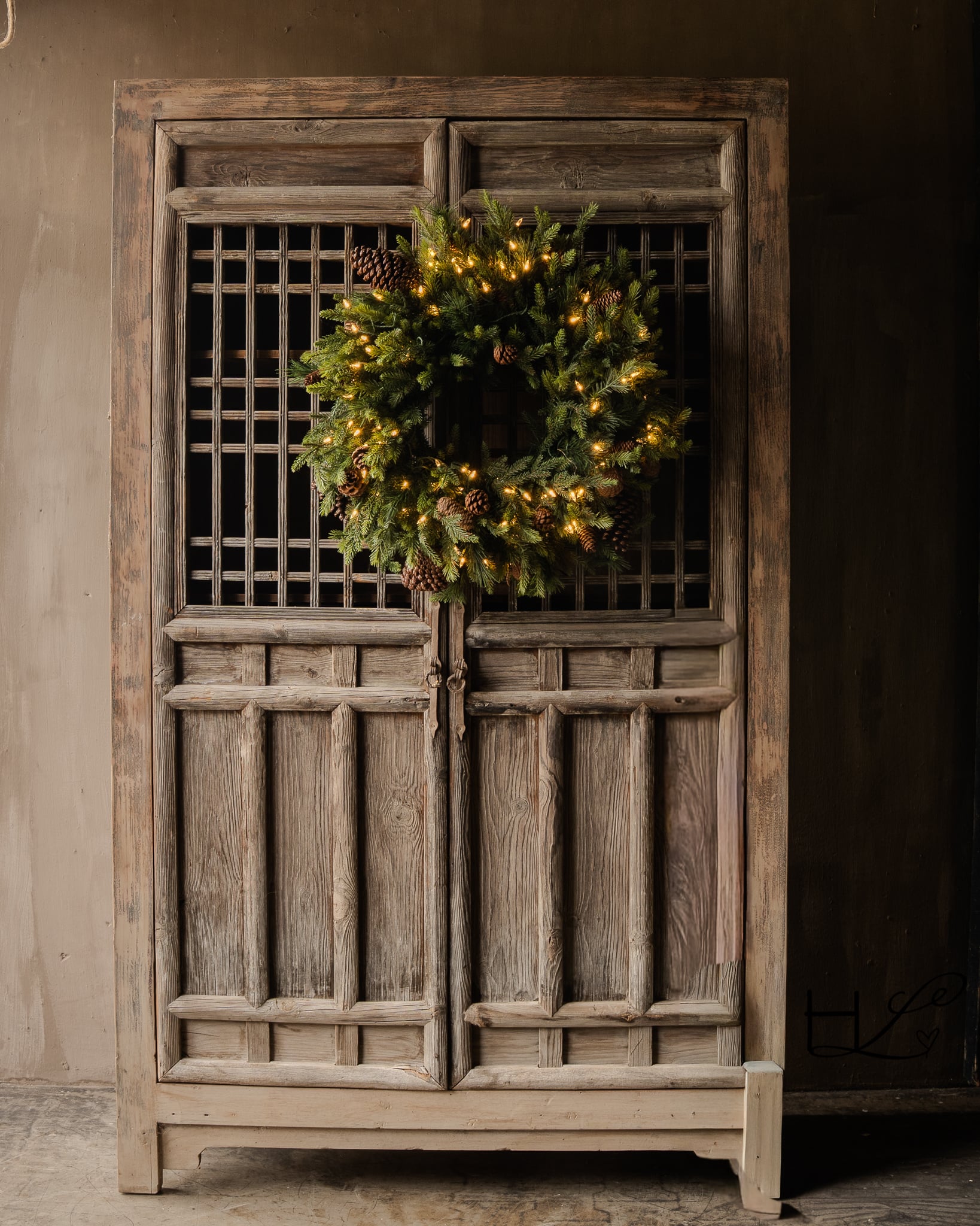Antique wooden cabinet from India with lattice doors, wabi sabi & rustic.-2
