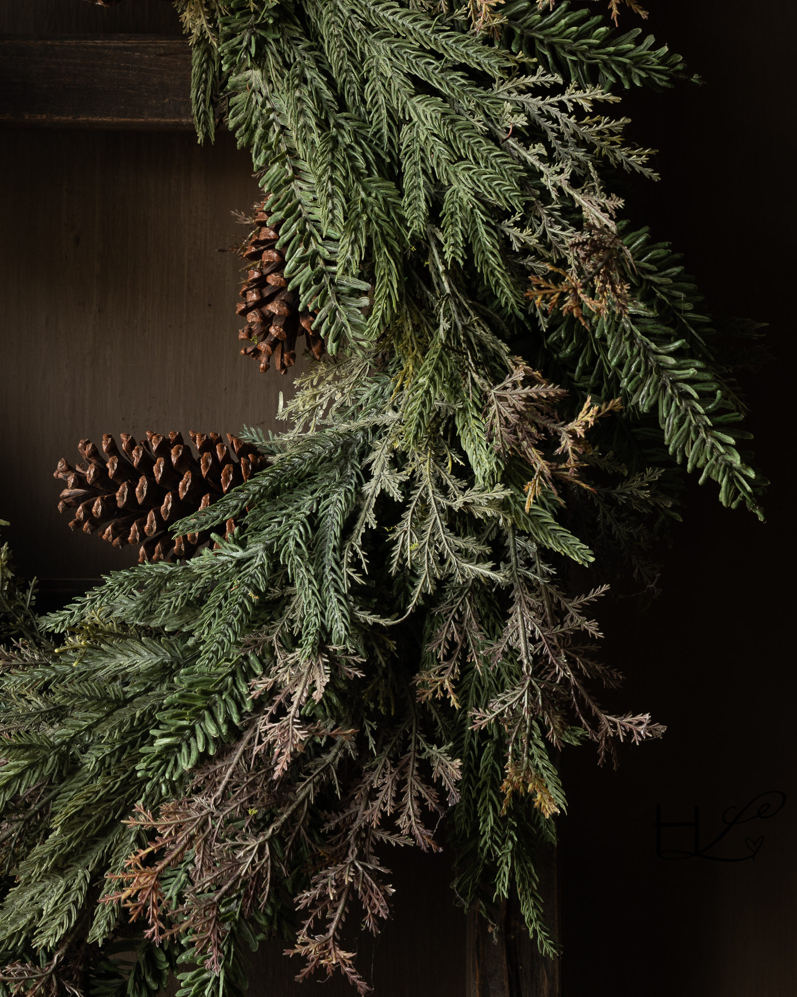 Winter wreath with fir greenery & pine cones, mixed cedar-6