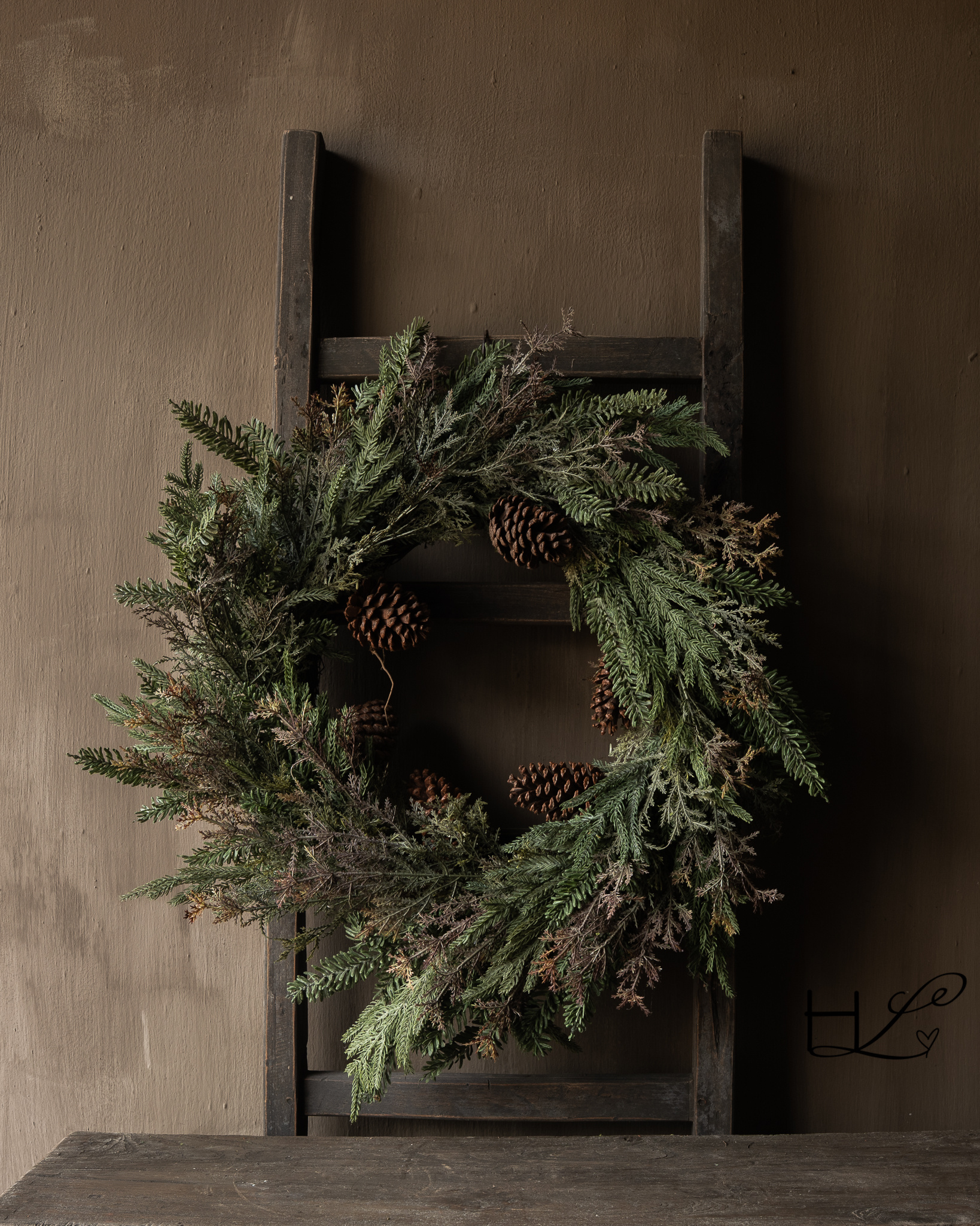 Winter wreath with fir greenery & pine cones, mixed cedar-1