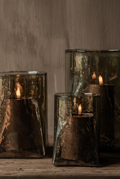 Glass lantern with square base and round opening, brown luster