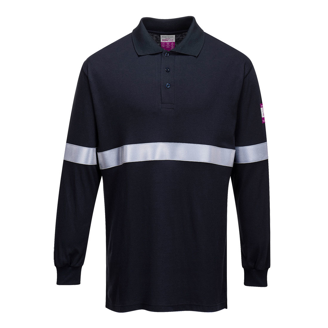FR03 - Vlamvertragende Antistatische lange mouw poloshirt met reflecterende striping