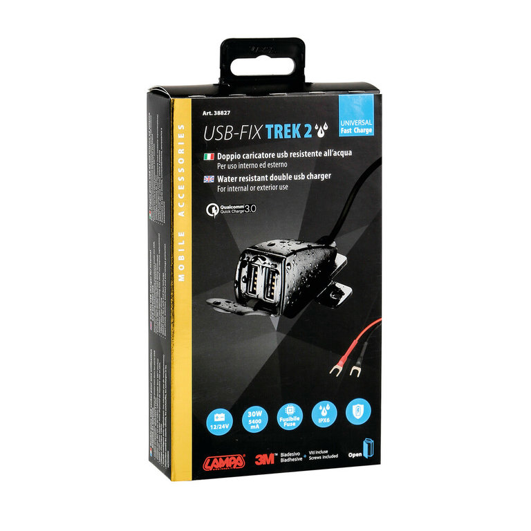 Lampa Usb-Fix Trek 2, regenfestes Doppel-USB-Ladegerät, Befestigung mit Schrauben oder doppelseitigem Klebeband - Ultra Fast Charge - 5400 mA - 12/24V