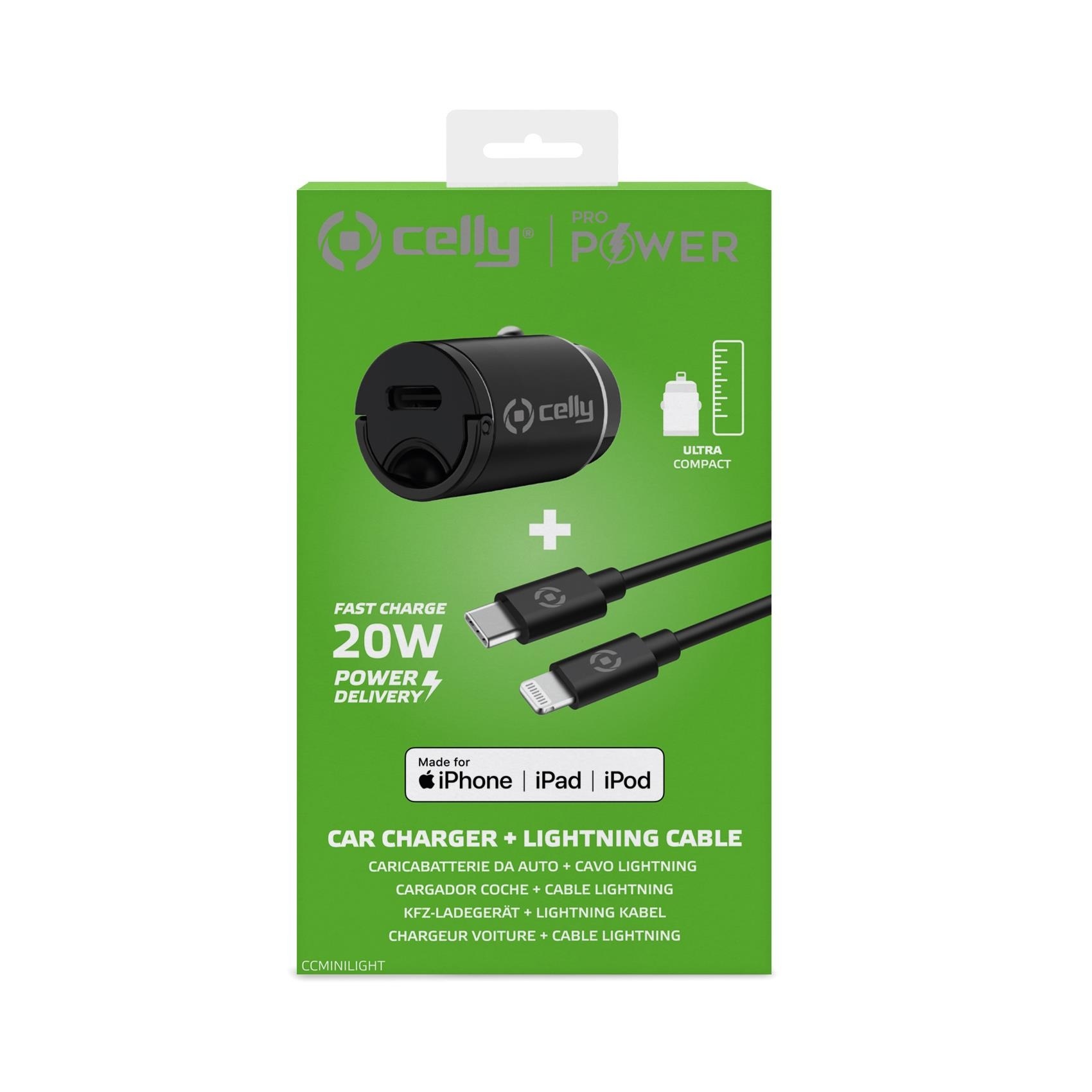 naald Vervelend gegevens Celly CCMINILIGHT - USB-C autolader met USB-C naar Lightning kabel 20W -  Fietshouderwinkel.nl