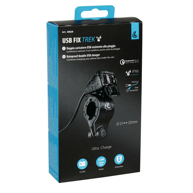 Optiline Usb-Fix Trek, regenbestendige dubbele USB-lader, stuurbevestiging - Ultra Fast Charge - 5400 mA - 12/24V