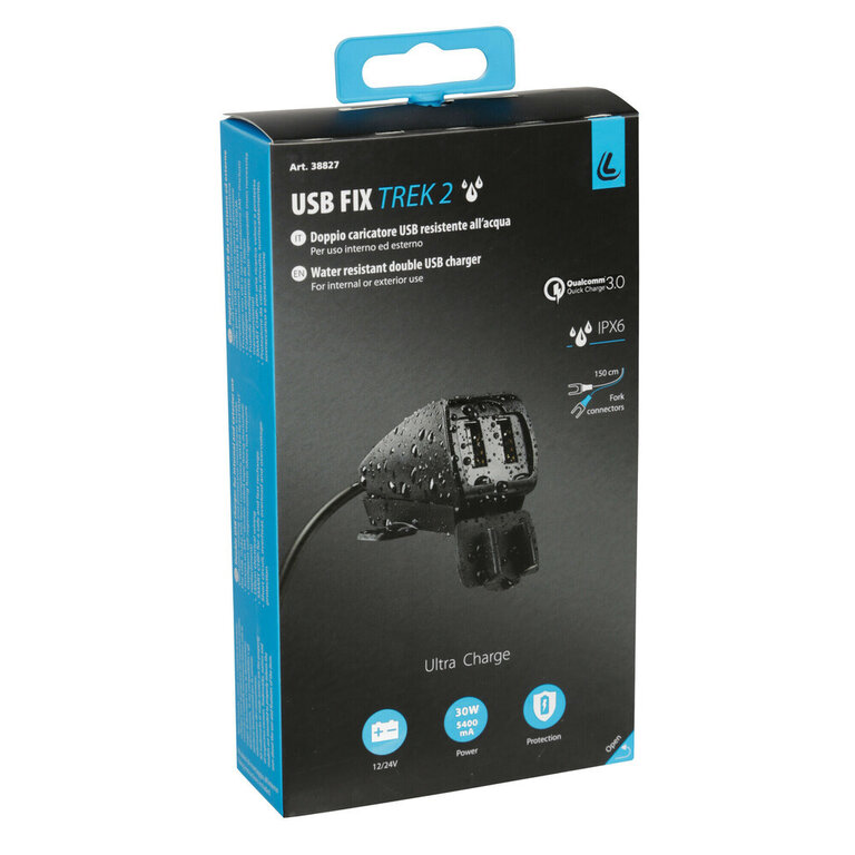 Optiline Usb-Fix Trek 2, regenbestendige dubbele usb-oplader, schroeven of dubbelzijdige tape bevestiging - Ultra Fast Charge - 5400 mA - 12/24V