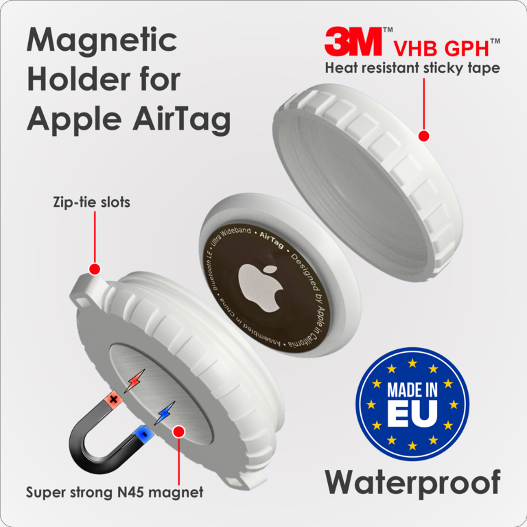 BlueMayim Made in EU Made IN EU Apple Airtag Magneet Houder Waterbestendig Met Zip Tie & 3M VHB Sticker