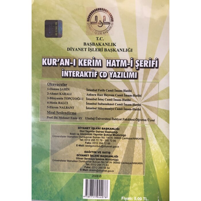 Diyanet İşleri Başkanlığı Yayınları Kur'anı Kerim Hatmi Şerif İnteraktif CD Yazılım