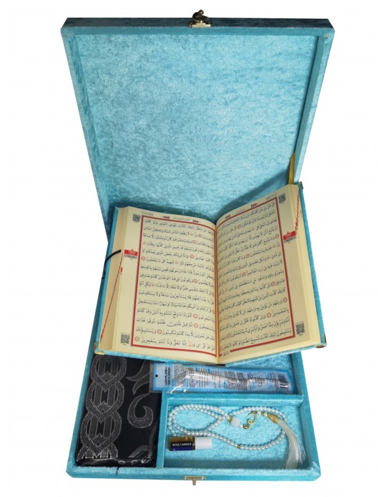 Plaketli Kadife Bayrakli Kuràn-i Kerim Turkuaz Mavisi