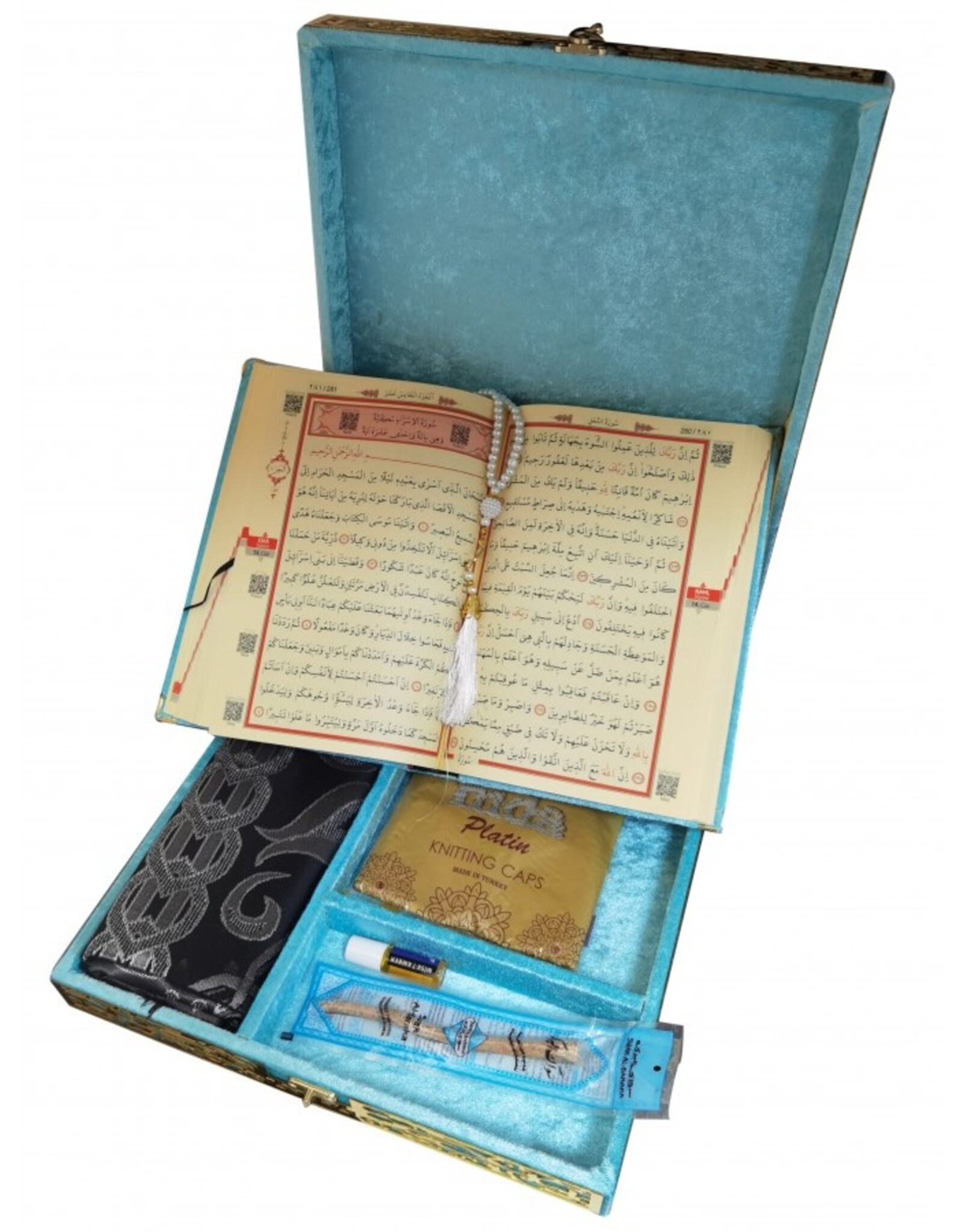 Plaketli Kadife Bayrakli Kuràn-i Kerim Turkuaz Mavisi