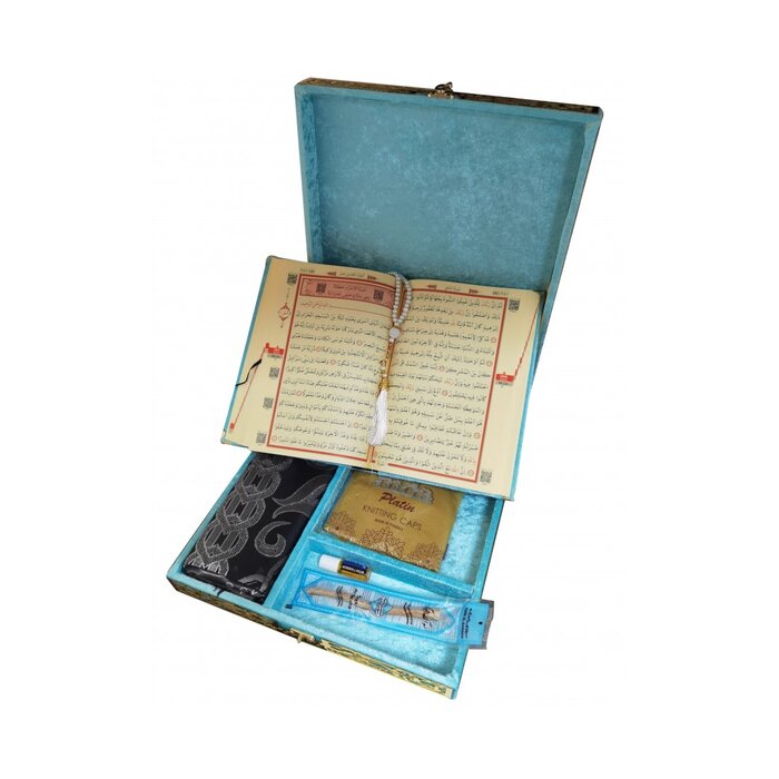 Plaketli Kadife Bayrakli Kuràn-i Kerim Turkuaz Mavisi