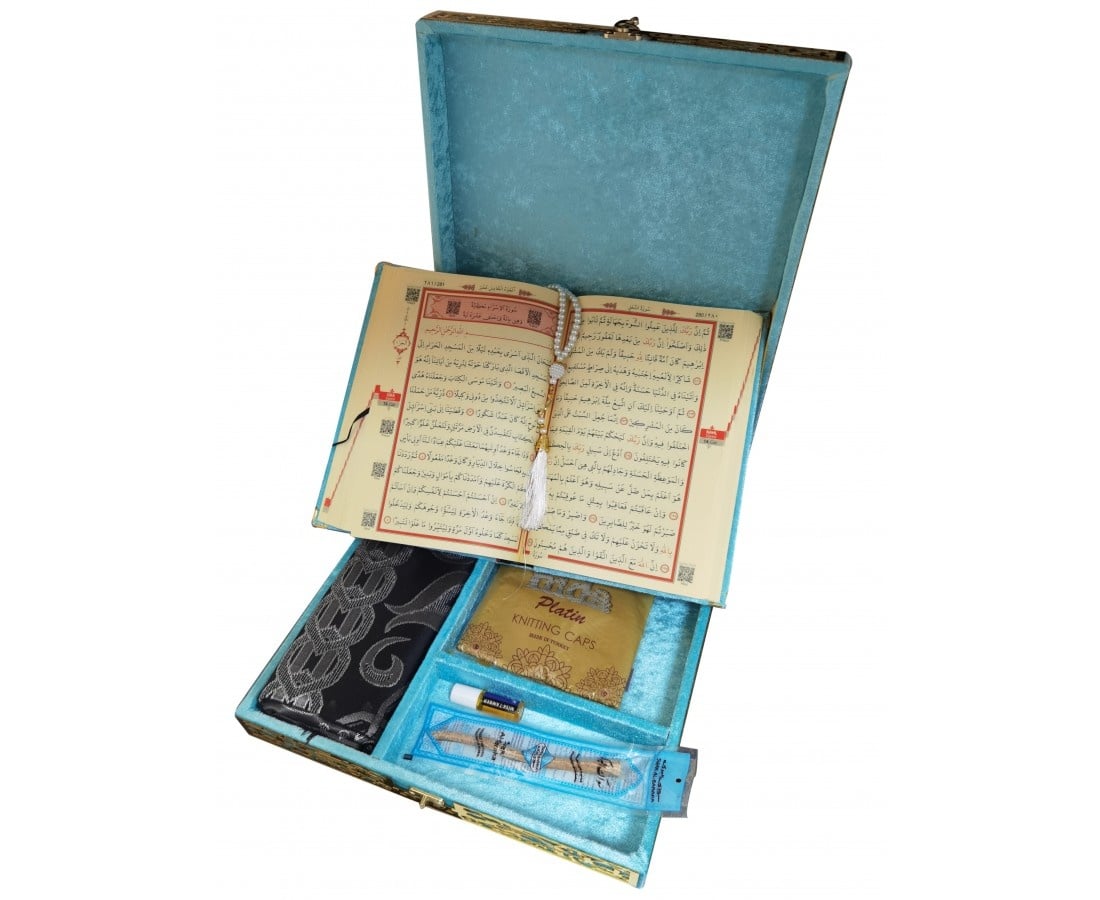 Plaketli Kadife Bayrakli Kuràn-i Kerim Turkuaz Mavisi