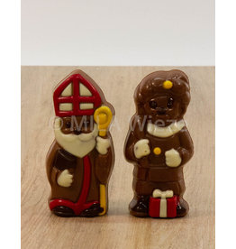Lachend Sintje met boek of Pietje met cadeautje deco  - 35 gr - Callebaut chocolade