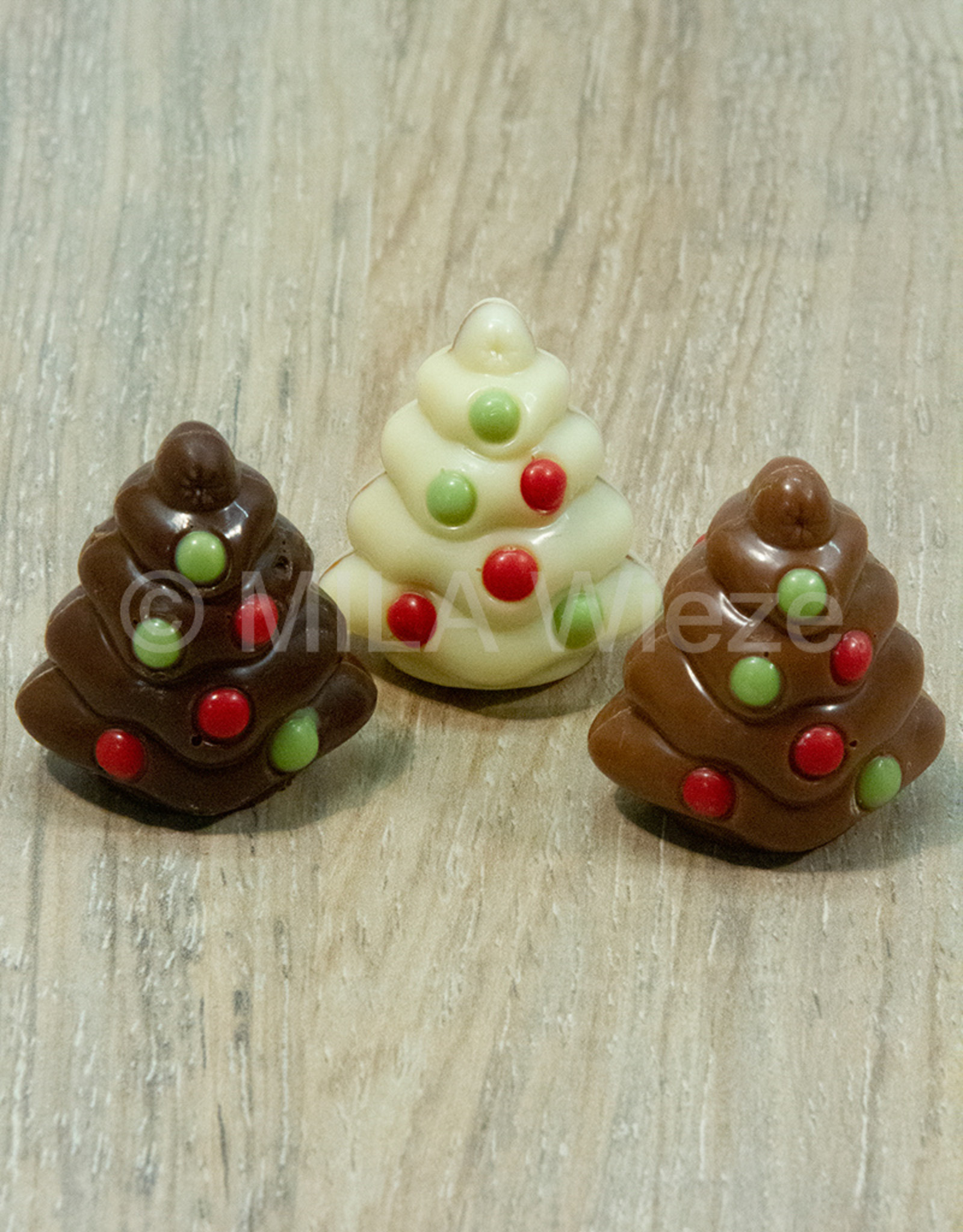 Kerstboom praliné (melk, wit en fondant) - 9 stuks in mica met kerstlabel
