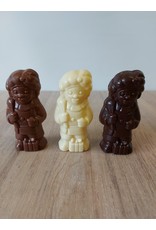 Lachend Sintje met boek of Pietje met cadeautje - 35 gr - 10,5 cm - melk-, witte of fondant chocolade